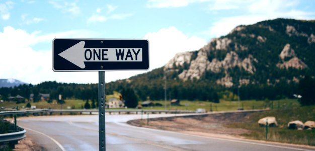 One Way street sign beside road far at the mountain during daytime