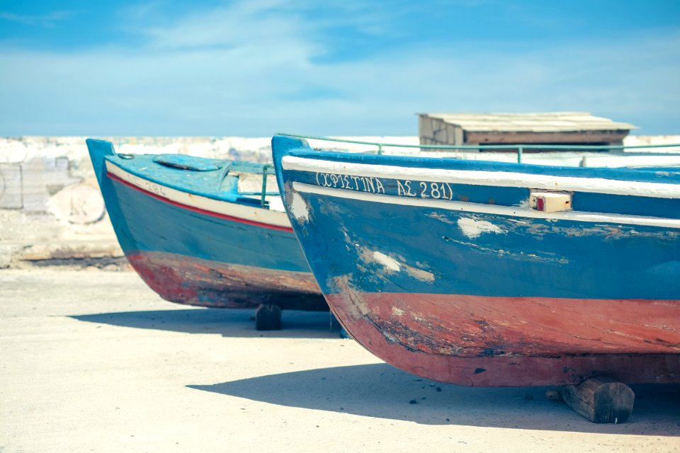 two blue-and-brown boat beside each other