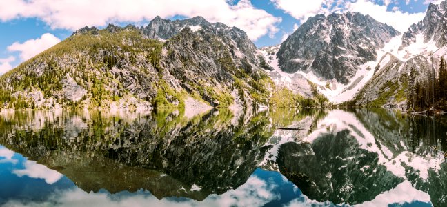 rocky mountains covered with green grass reflected on body of water under white and blue cloudy sky photo