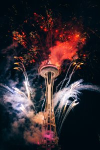 Space Needle, Seattle surrounded by fireworks photo