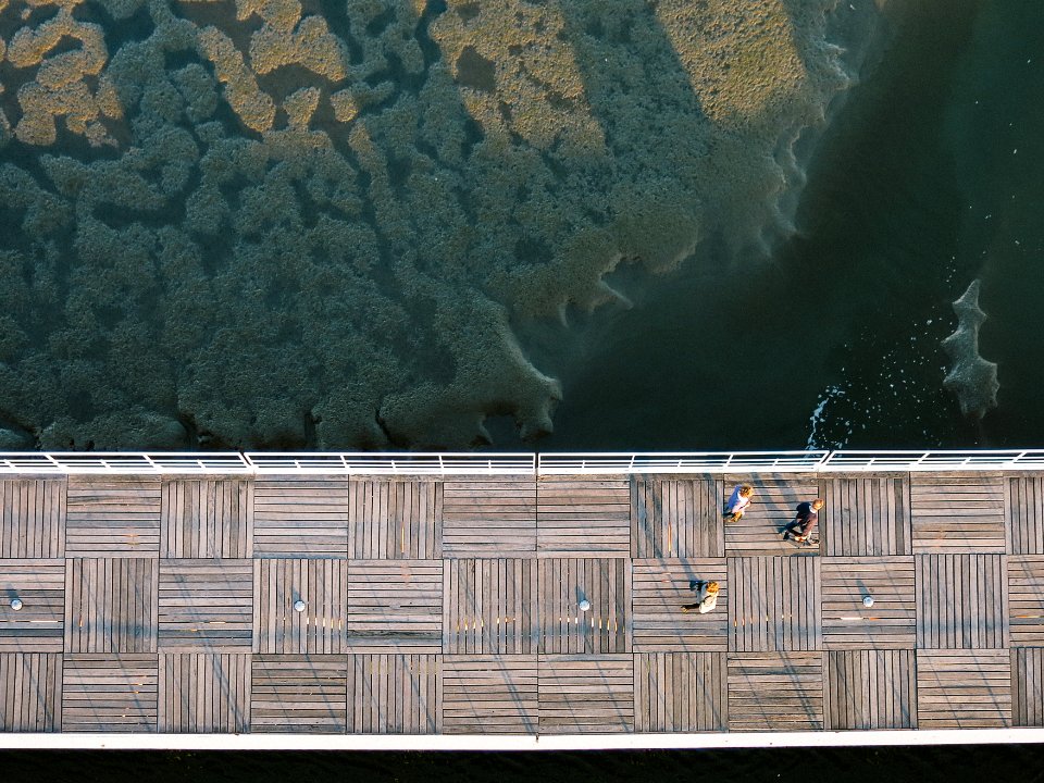 drone view of people walking on bridge