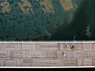 drone view of people walking on bridge photo