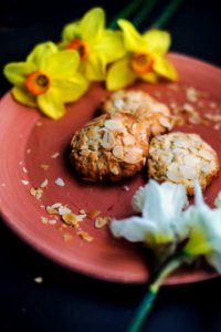 oatmeal cookies and daffodil flowers on plate