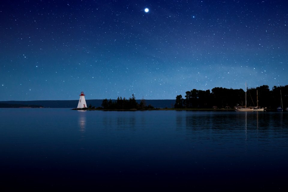 photograph of white lighthouse near calm body of water at night