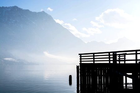 wooden dock with a view of mountain