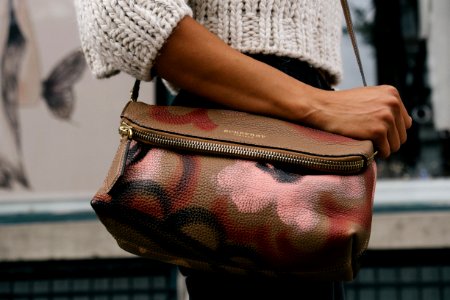 woman holding brown and pink floral leather crossbody bag photo