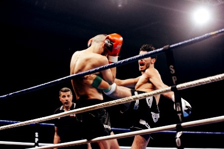 two person doing mix martial arts on white and blue stadium