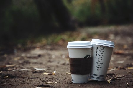 two white disposable cups place on brown soil photo