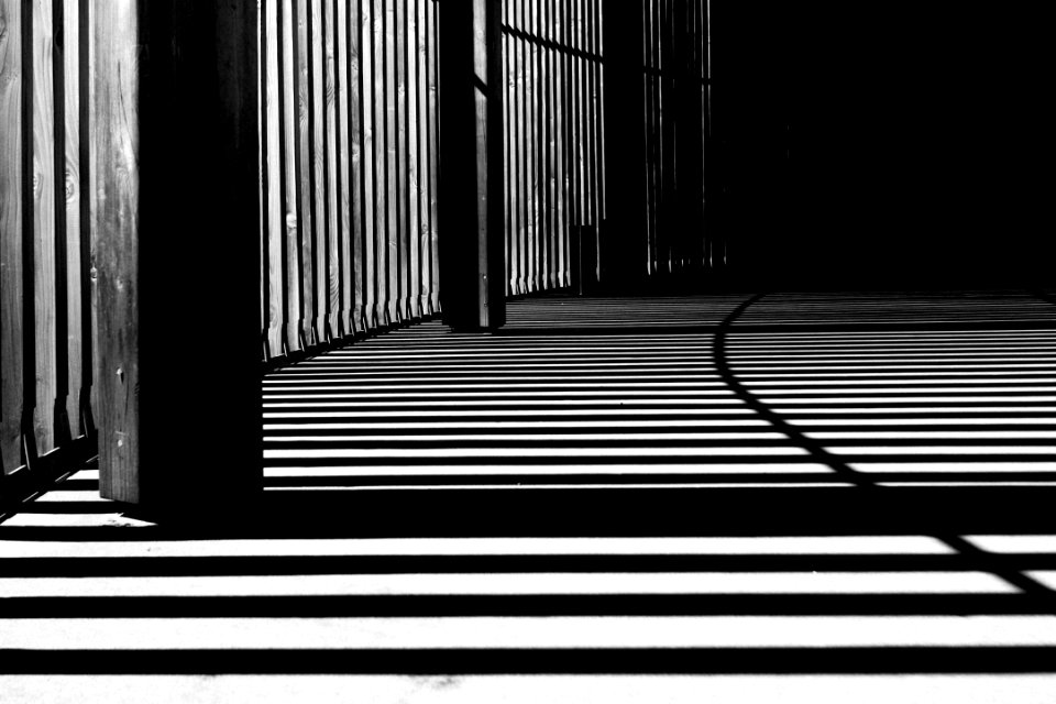 pillar of building shadows grayscale photography