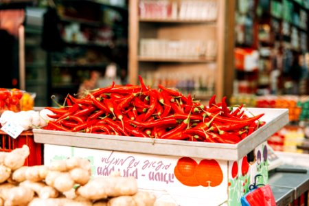 red chili pile on gray steel tray photo