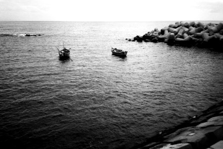 grayscale photo of two paddle boats near shore photo