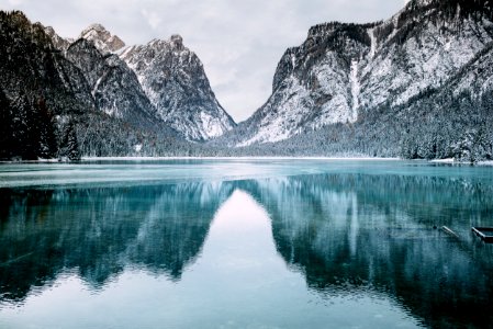 body of water and snow-covered mountains during daytime