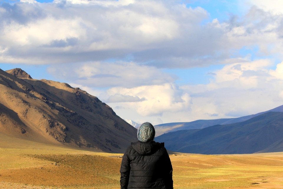 person standing in front of brown mountain photo