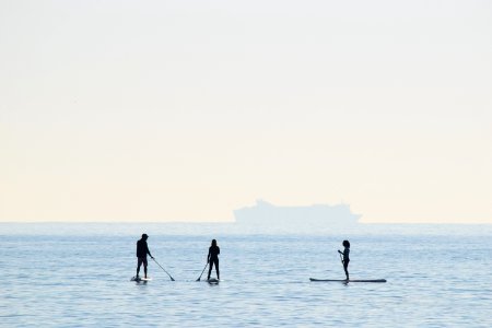 people riding on paddle boards photo