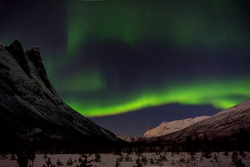 green aurora lights above snow-capped mountain