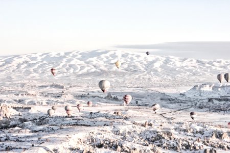 assorted-color air balloons below snowland at daytime