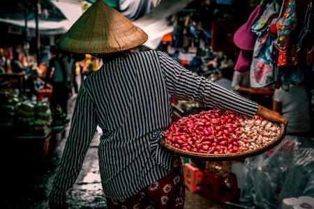 woman carrying basket with vegetables photo