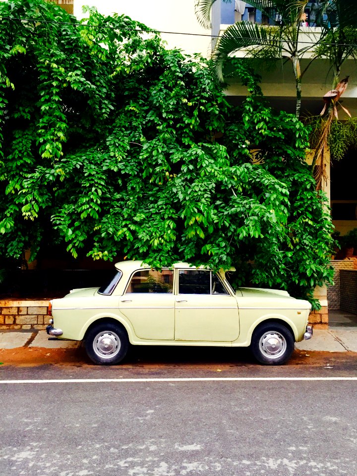 classic white sedan parked on sidewalk near white building photo