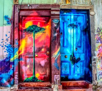 tree printed and multicolored closed doors