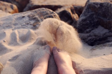 person's feet on sand photo