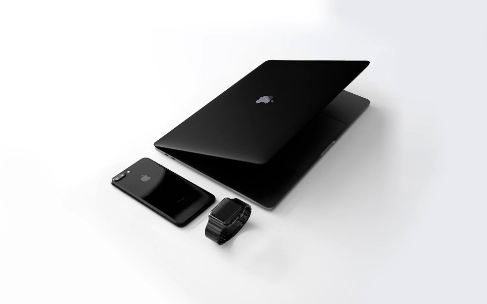 black Macbook near black iPhone 7 Plus and black Apple Watch