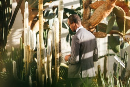 man walking beside cactus plant photo
