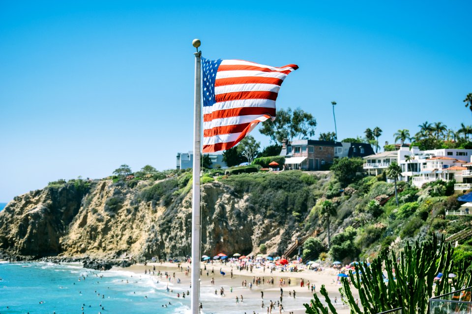 USA flag in front of a body of water