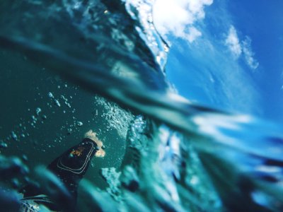 underwater photography of diver diving on body of water during daytime photo