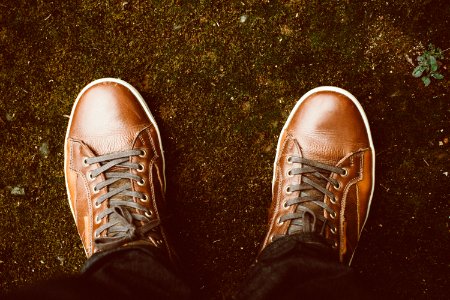person wearing brown leather shoes photo