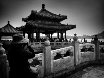 grayscale photo of woman taking photo of temple with people
