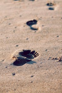 foot prints on beach sand photo