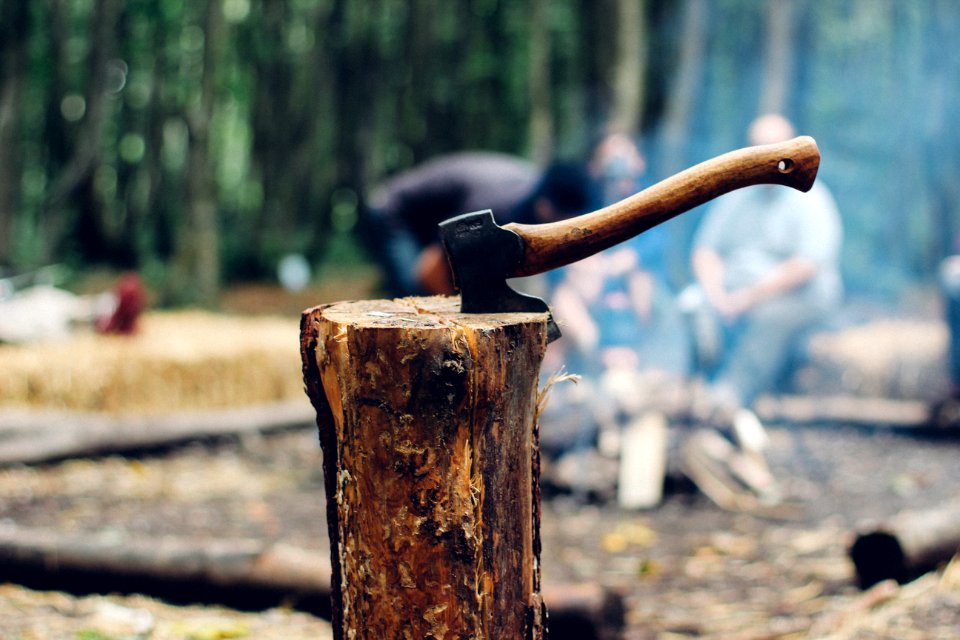 axe on tree log next to people sitting next to bonfire photo