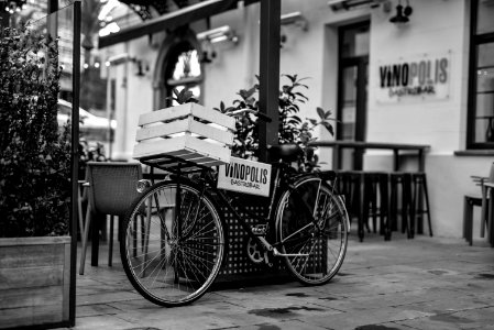 grayscale photo of a city bicycle photo