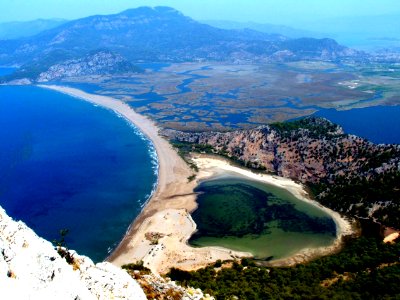 aerial view of seashore and mountains