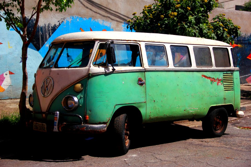 green and white Volkswagen T2