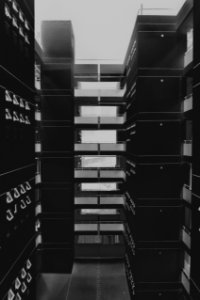 grayscale photography of network cabinets photo