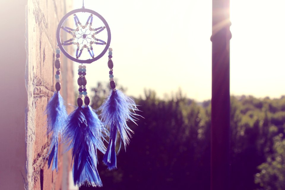 selective focus of hanging blue and black dream catcher