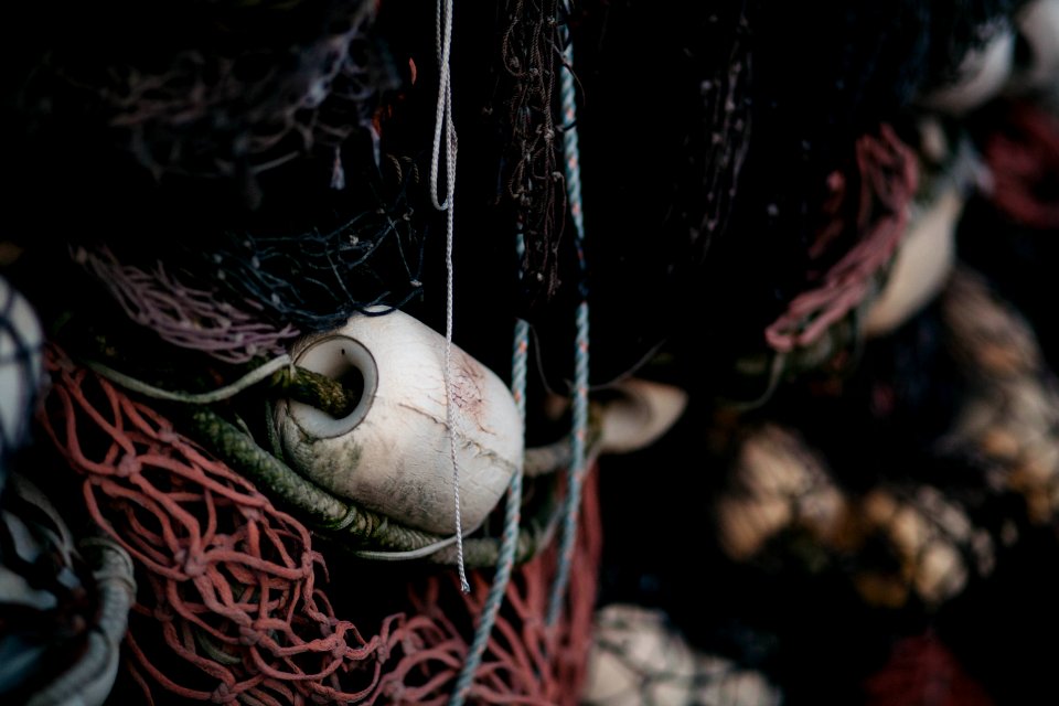closeup photo of red and black fishing net