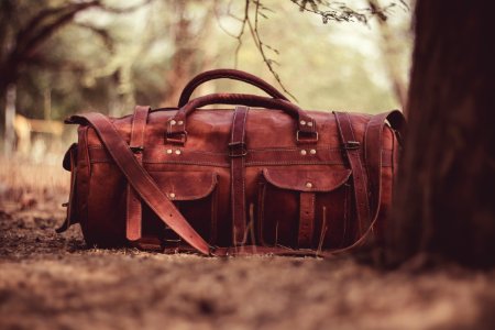 selective focus photography brown leather 2-way handbag near tree photo