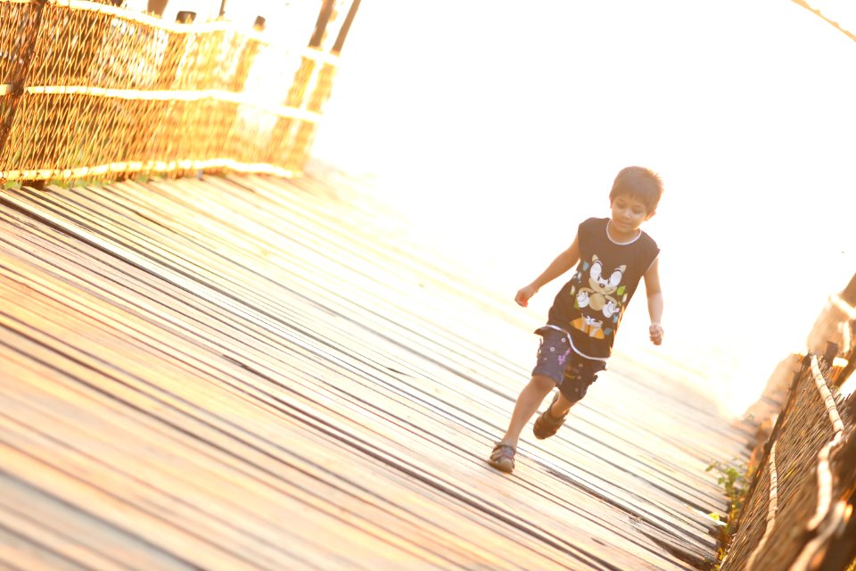 boy walking on brown wooden bridge