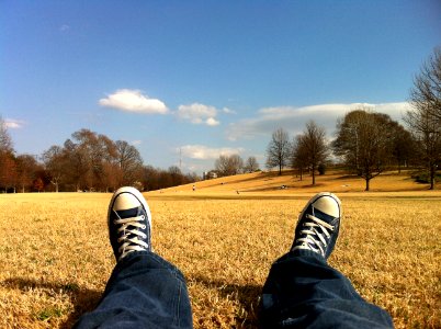 person wearing blue-and-white Converse All Star shoes while sitting on brown grass photo at daytime photo