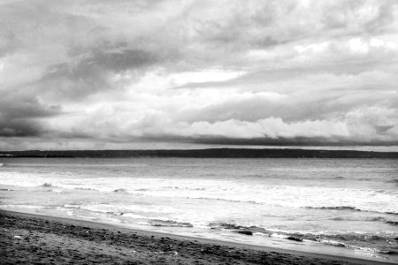 grayscale photo of beach and sea photo