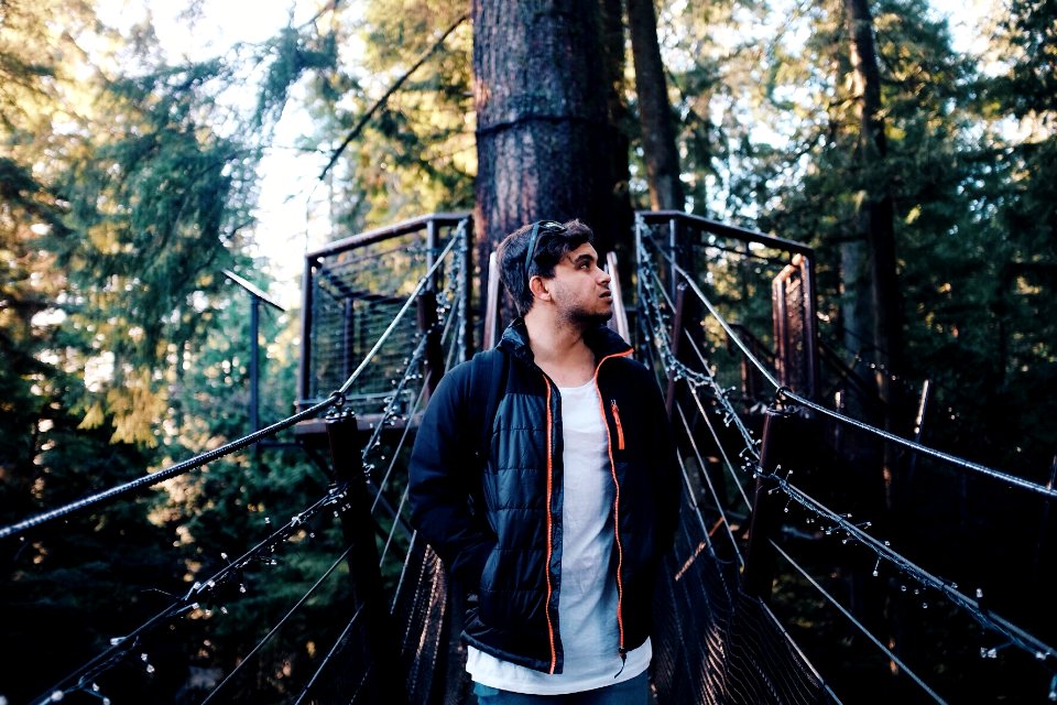 man standing on bridge in forest during daytime photo