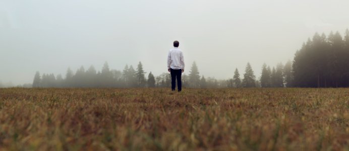 man standing in front of forest with fog photo