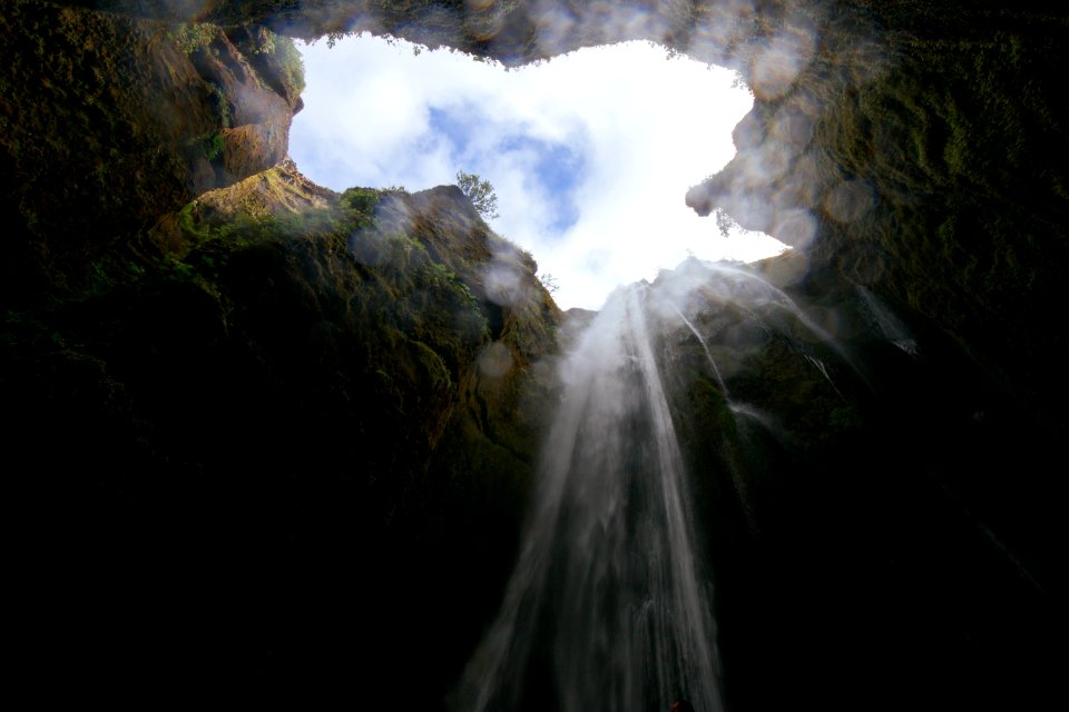 worm's eye view photo of cave waterfalls