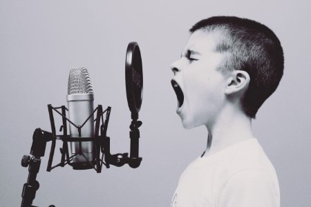 boy singing on microphone with pop filter photo