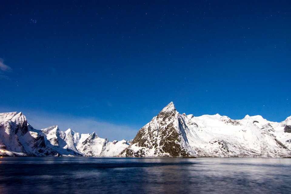 lake near mountain covered with snow