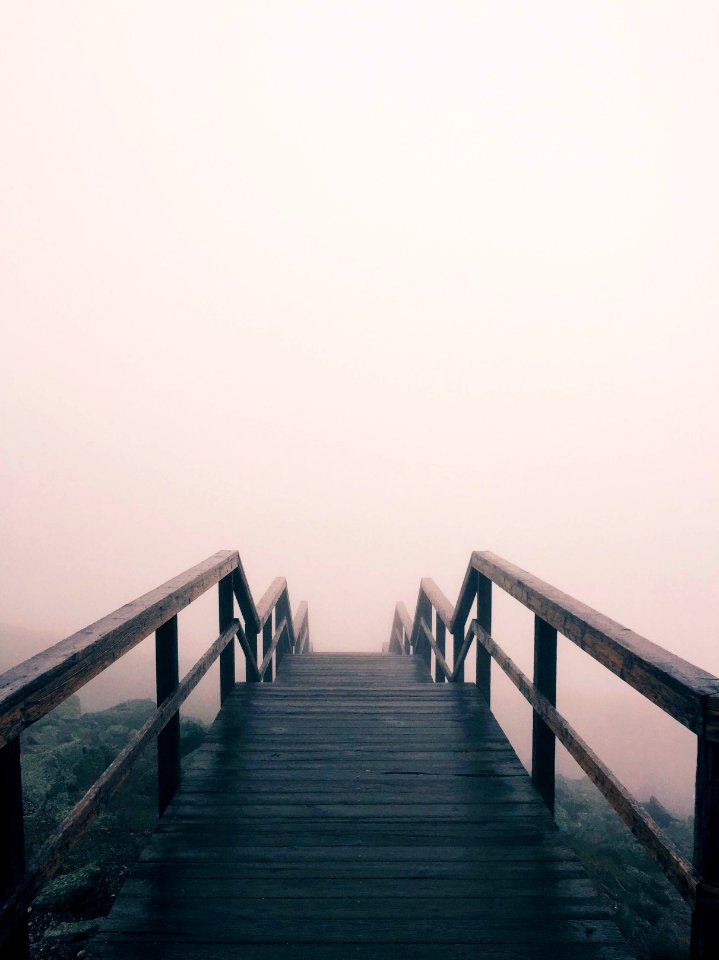 black wooden stairway covered with fog