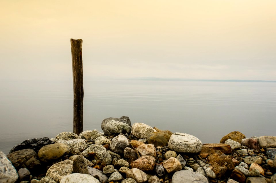 stones and brown wooden stick near body of water under cloudy sky