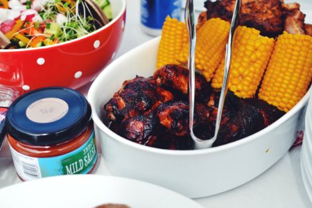 grilled food and corn cob on oval pan photo